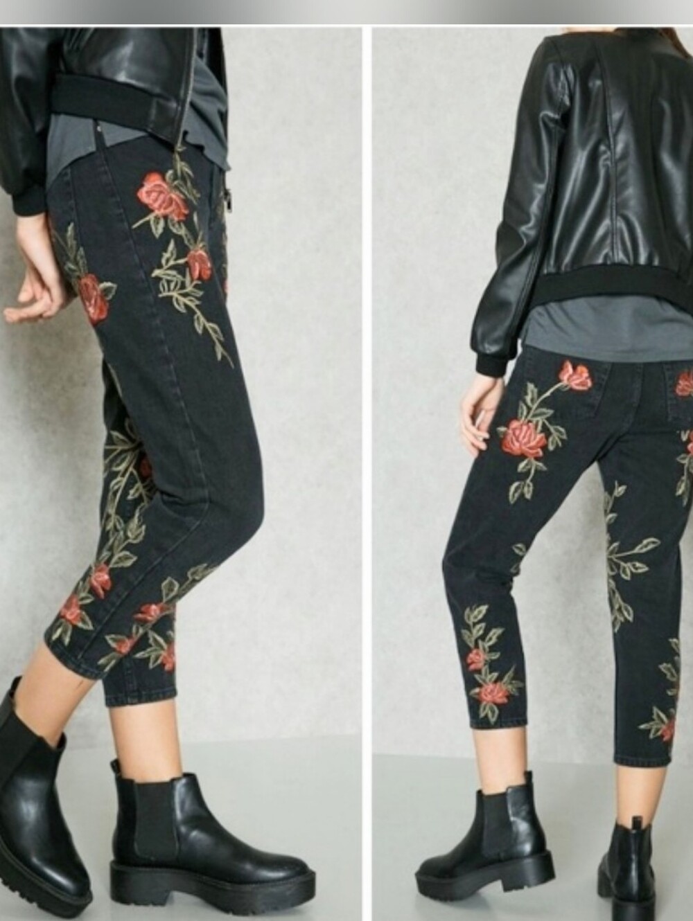 Topshop Moto Black High-rise Mom Jeans with Red Rose Embroidery, Size 25